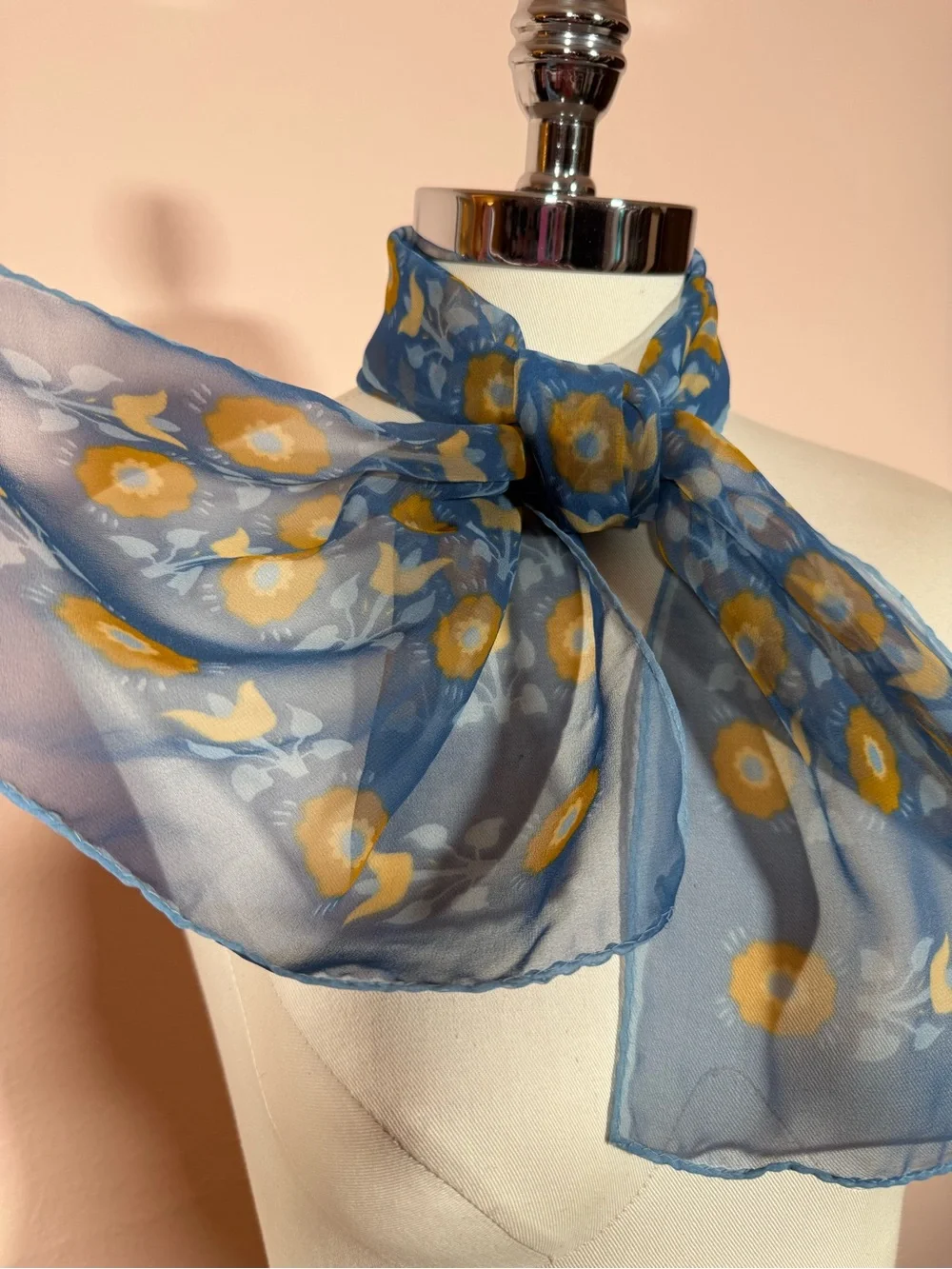 Vintage Cottagecore floral semi sheer blue tan long rectangular scarf